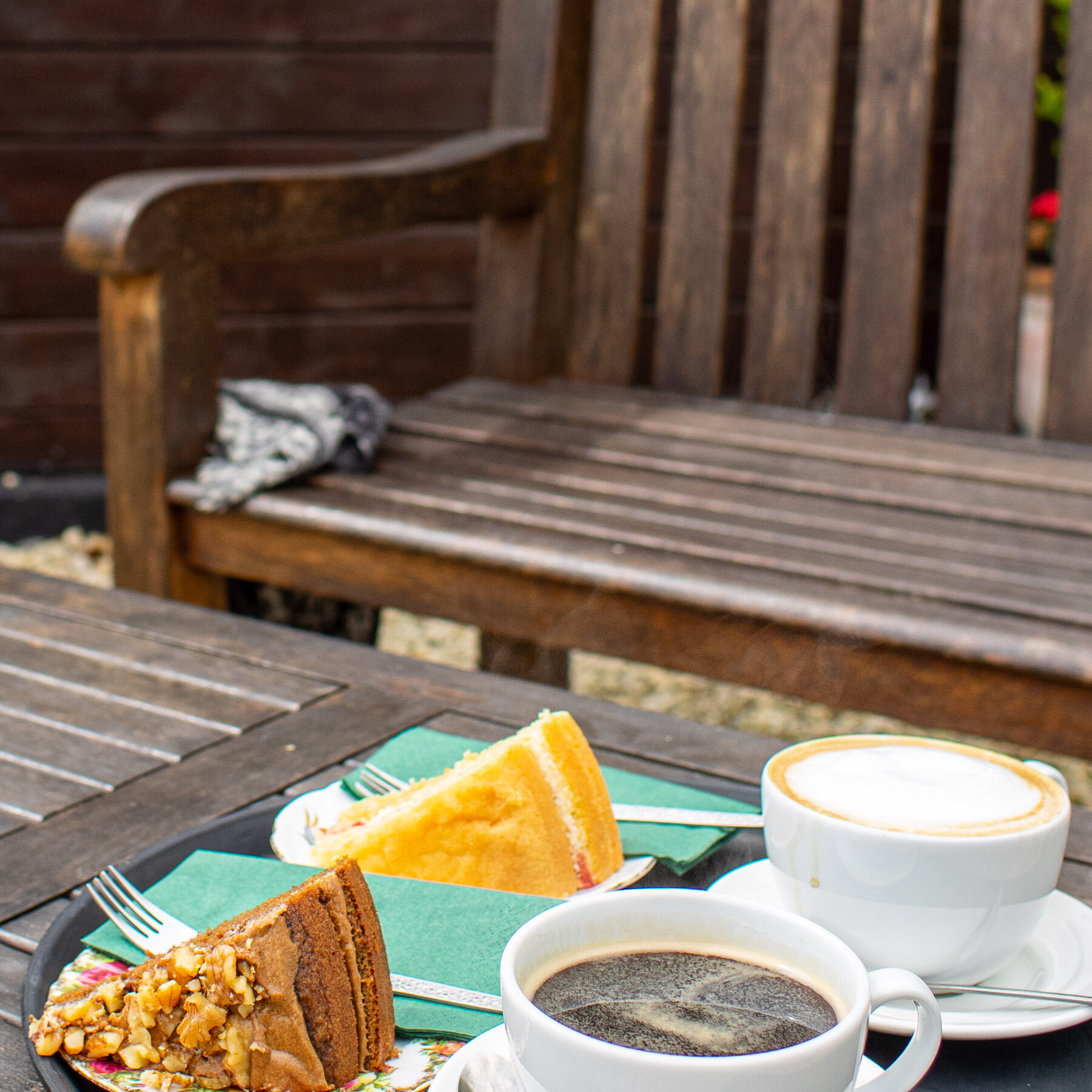 Coffee and Cake and bench seating at Style Acre Tea Room, Savages, Blewbury