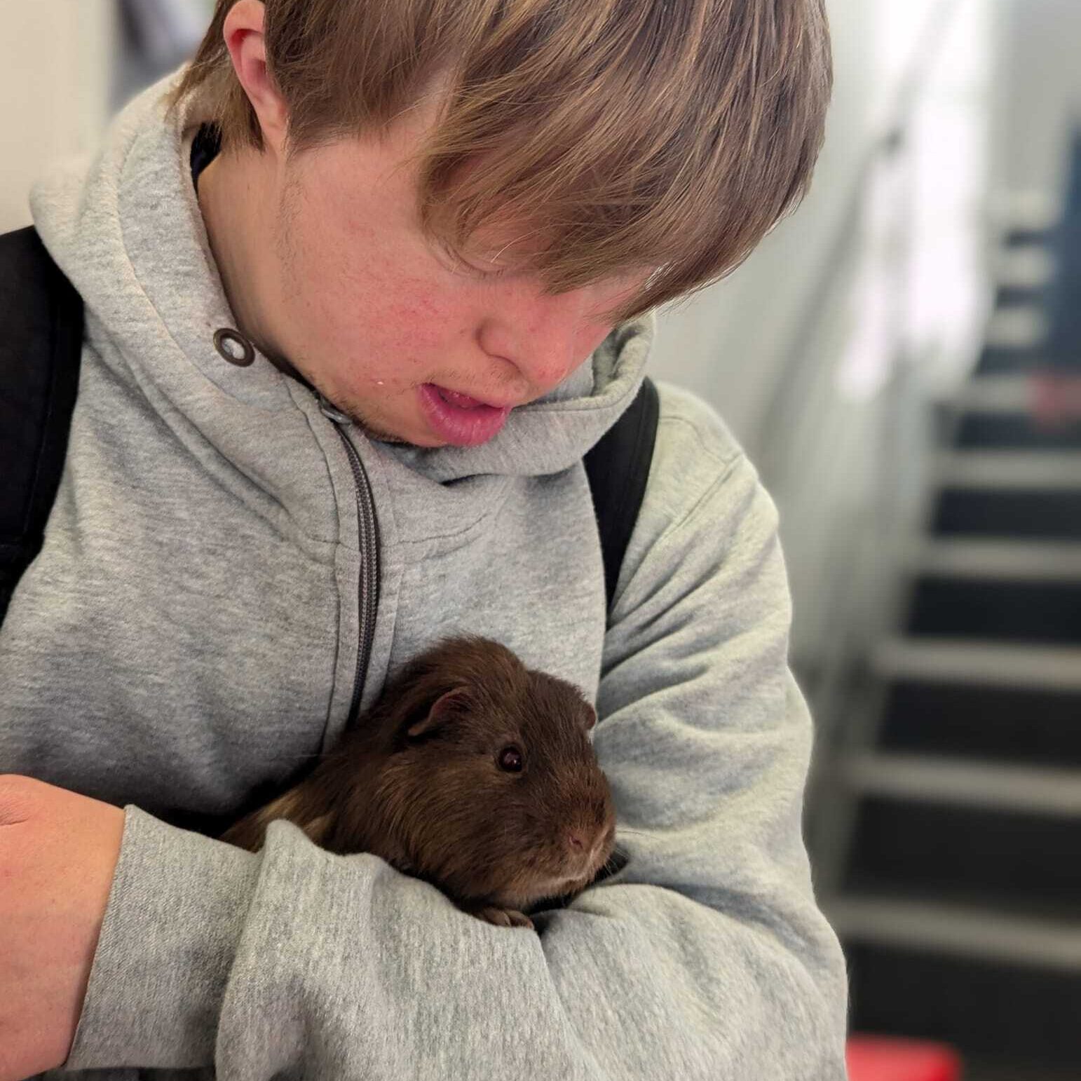 A gentleman holding a guinea pig in his arms