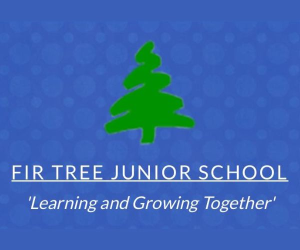 Fir Tree Junior School logo, a green treen on a blue background with white text underneath