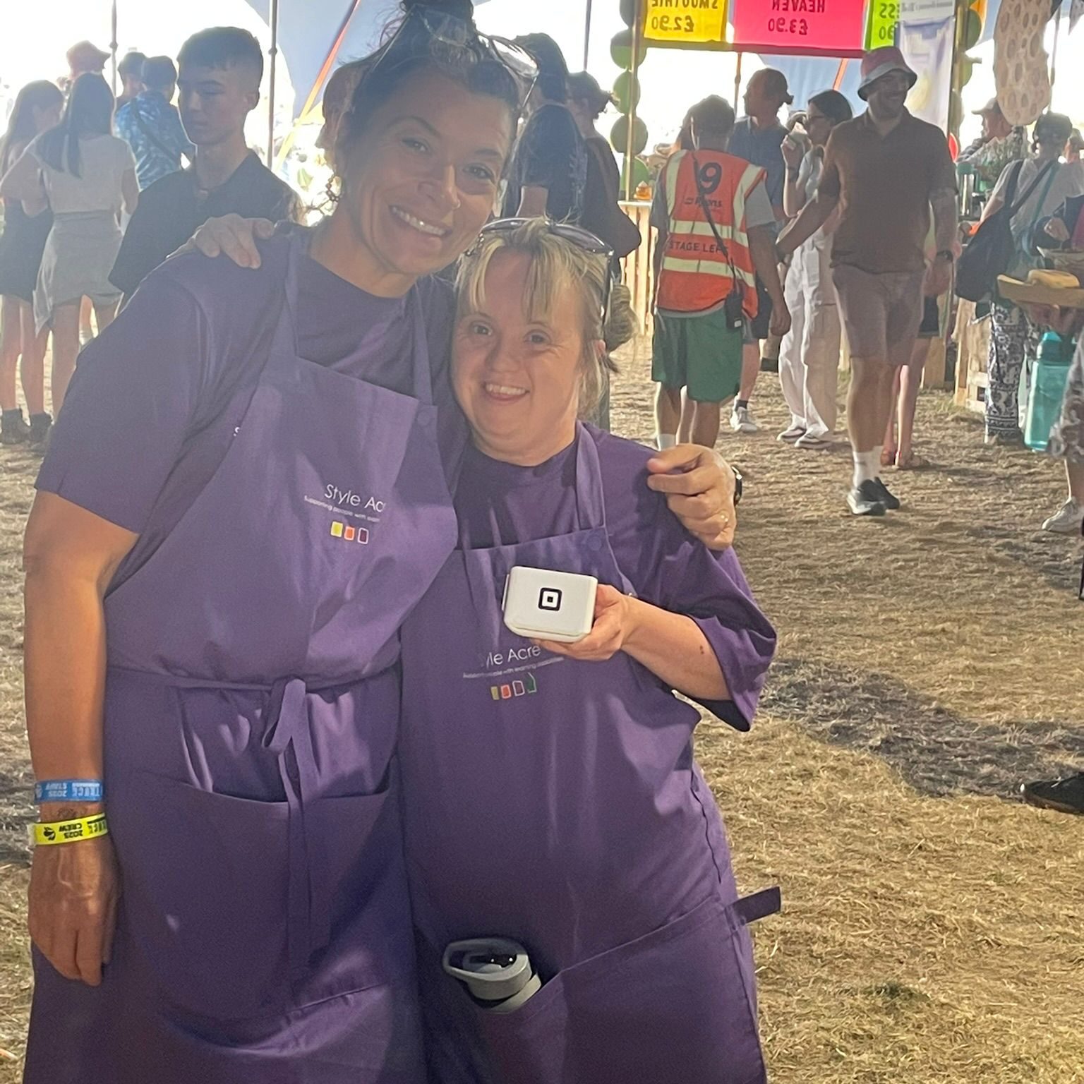 Two Style Acre volunteers posing for a photo in the feel good tent at Truck Festival