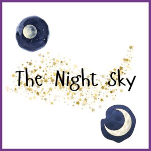 The night sky Text 'the night sky' and two images of the moon and