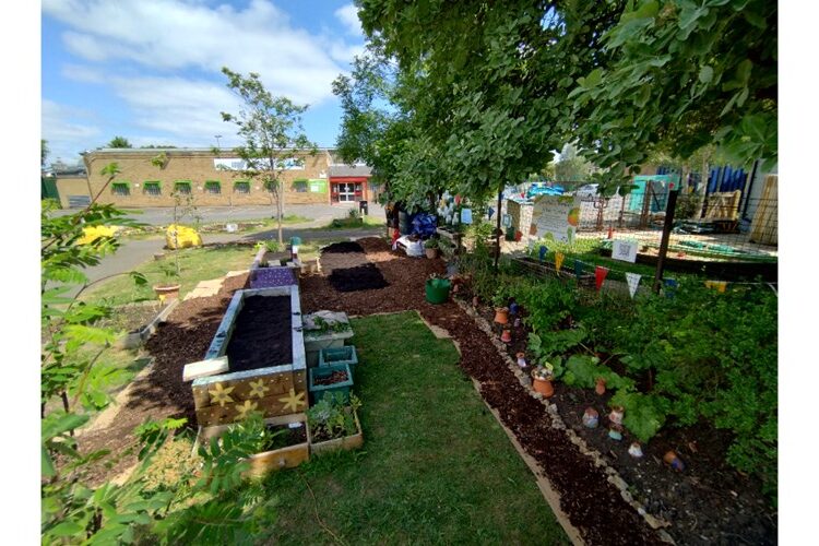 Picture of the garden at the Berin Centre with a path and raised beds.