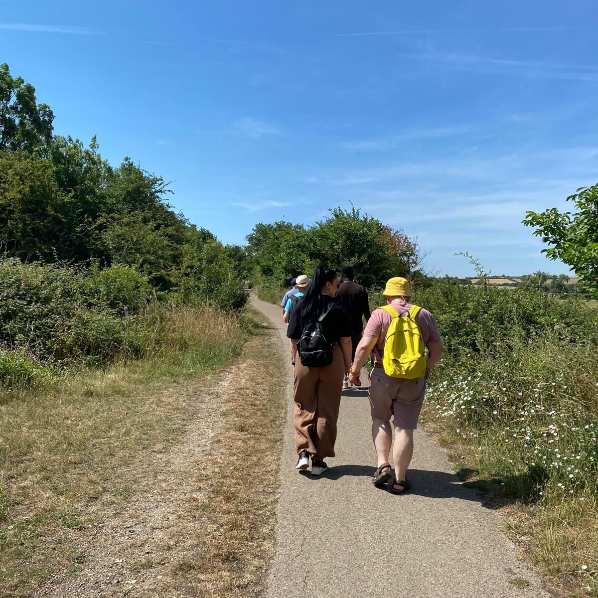 People walking along a track away from the camera